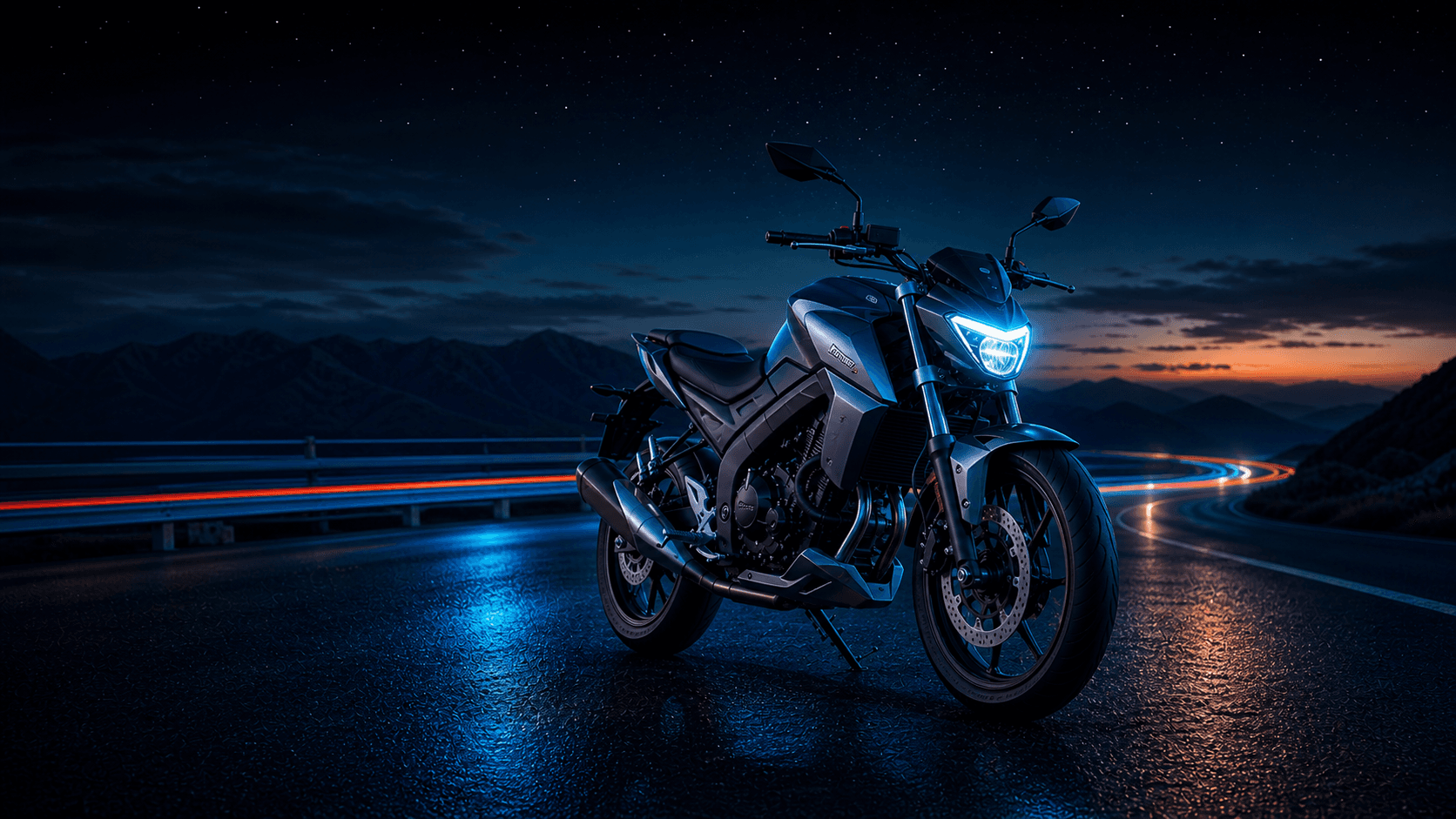 Moto 0km sobre una ruta nocturna de Catamarca